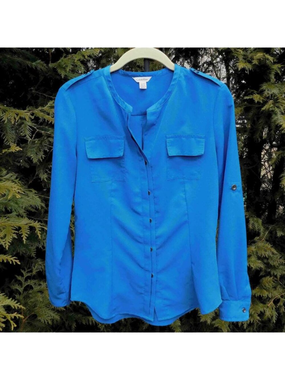 Calvin Klein Pretty Roll-Tab Sleeve Blouse with Pockets